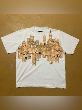 Vintage COOGI White T-Shirt with Tan Mosaic City Graphic XL Stained